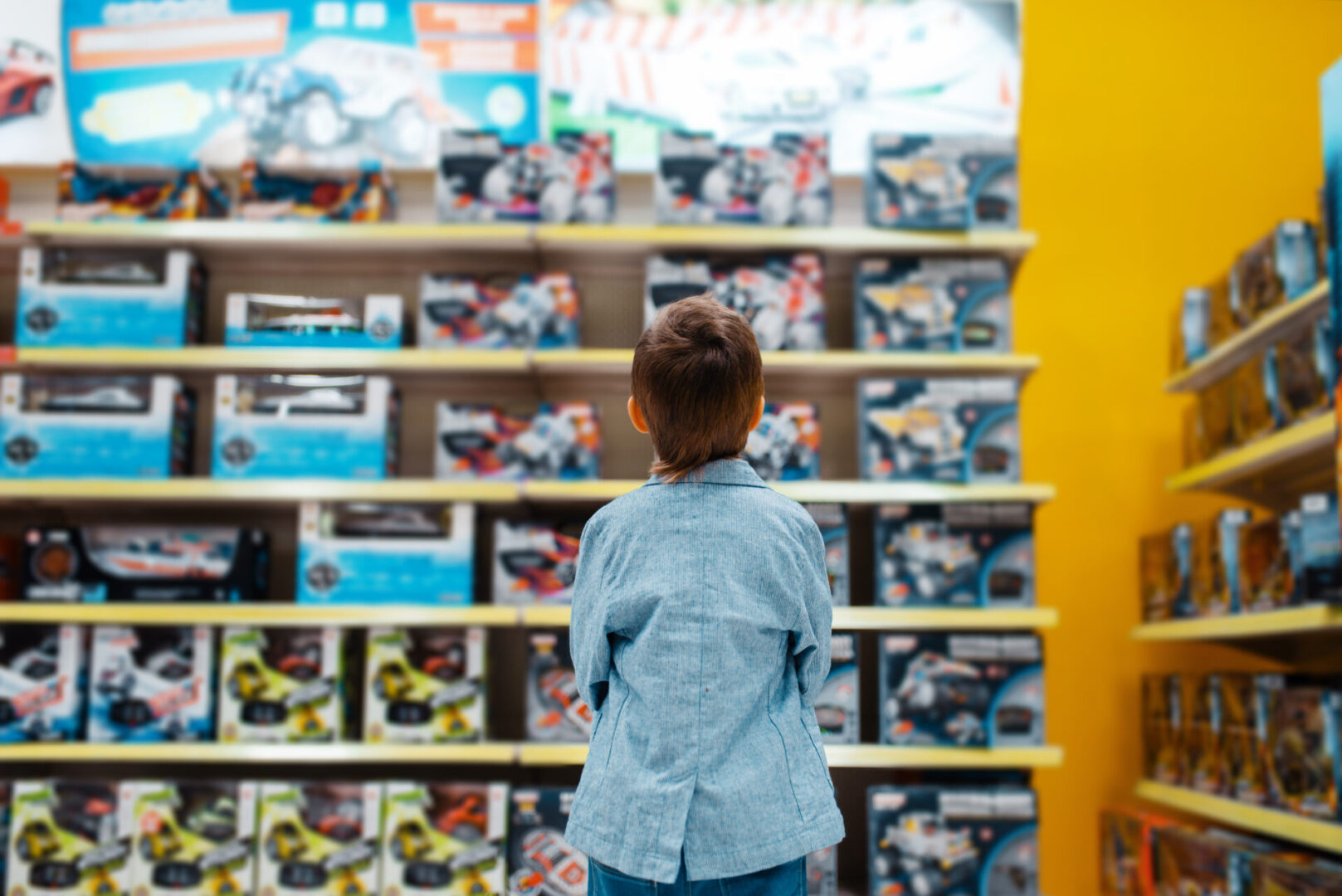 A boy is looking at toys in the store.